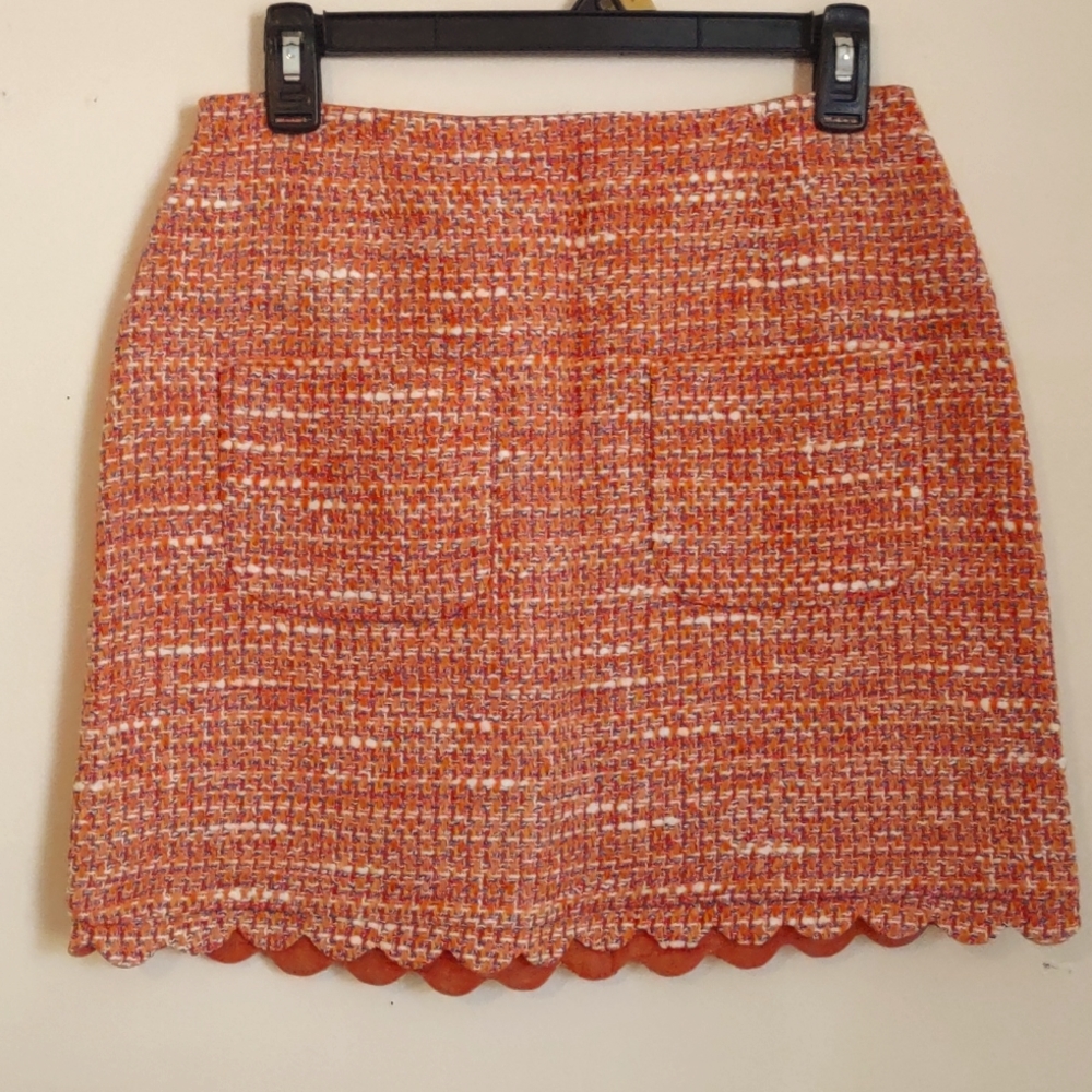 Maje Orange Tweed Mini Skirt with Scalloped Hem